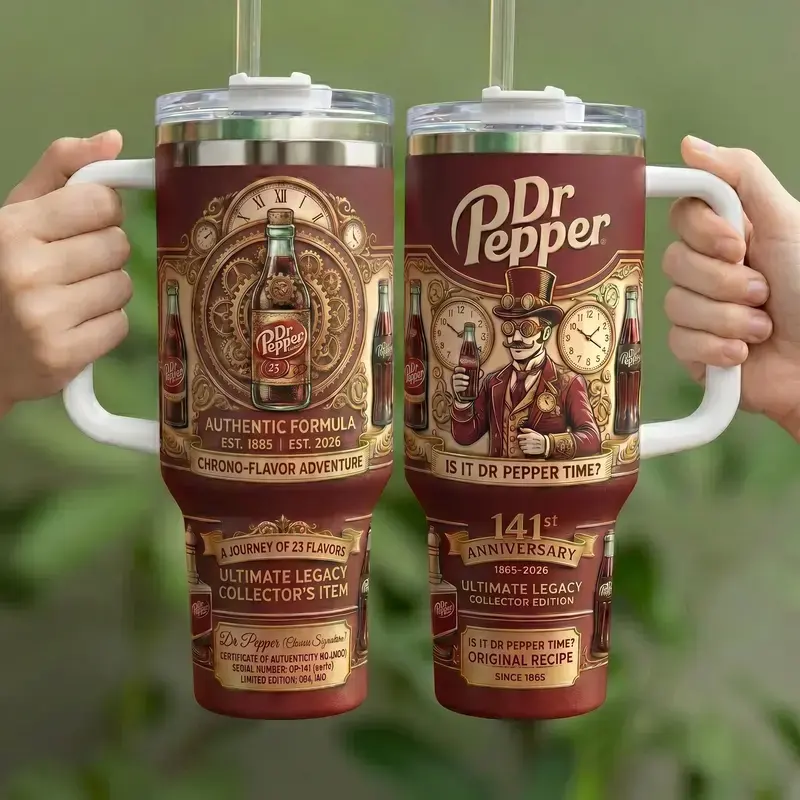 Dr Pepper 141st Anniversary 40oz Travel Tumbler, 250th USA Semiquincentennial Stainless Steel Car Mug, Retro 1885-2026 Soda Merch with Handle, Insulated Ice Cup with Straw, Perfect Father's Day Birthday Gift for Outdoor Dads