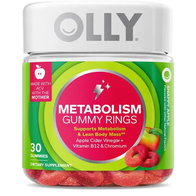 OLLY Metabolism Gummy Rings, Apple Cider Vinegar, Vitamin B12, Chromium, Energy and Digestive Health, Chewable Supplement, Apple Flavor - 30 Count