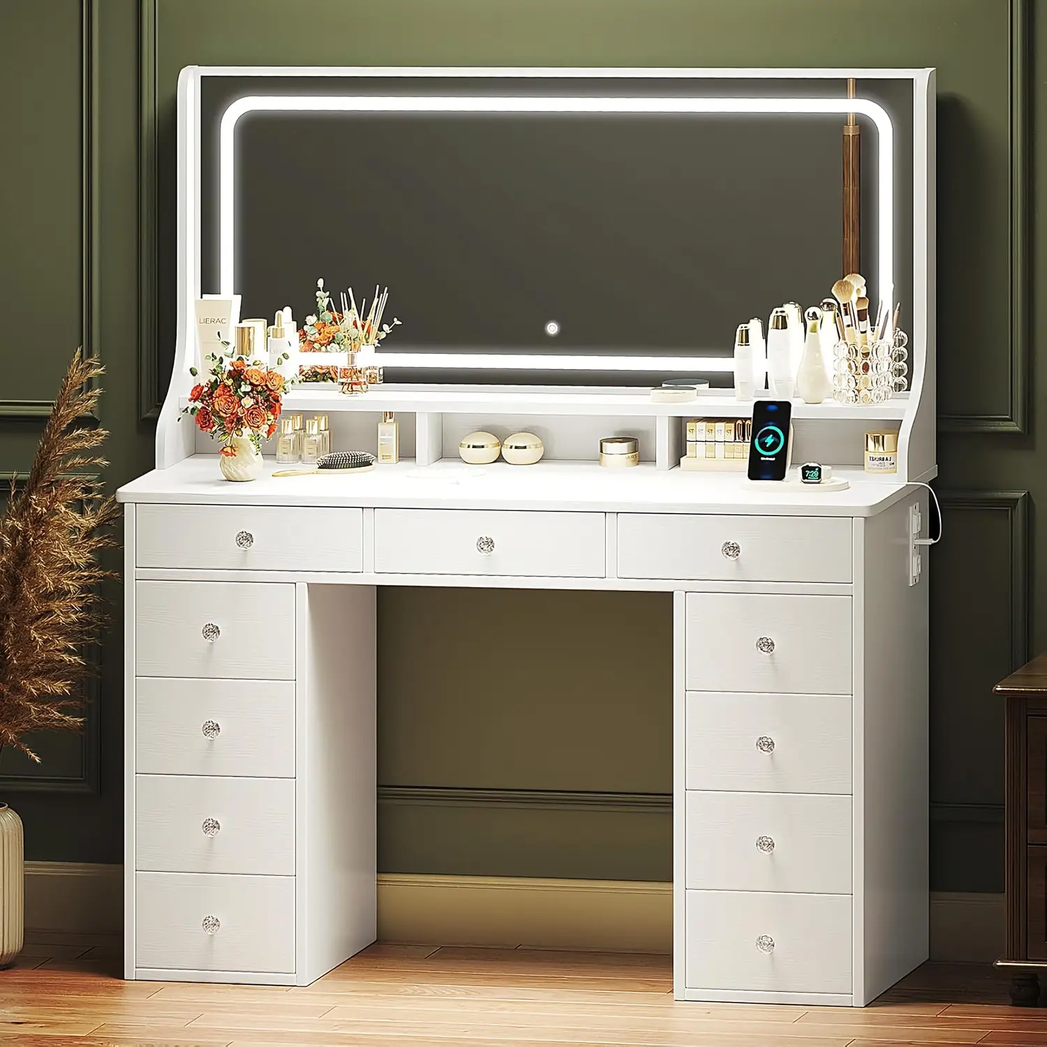 46.5'' Makeup Vanity Desk with 11 Drawers and Large Mirror, Dressing Vanity Table with Adjustable 3 LED Lighting Modes and Power Outlet, for Bedroom, White
