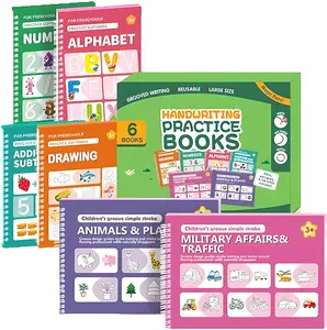 Reusable Grooved Handwriting Workbook for Kids, Learning Materials, 6 Books–Early Elementary, Covers Math, Words, Drawing –Gift for Children Lettering Spiral Notebook school supplies