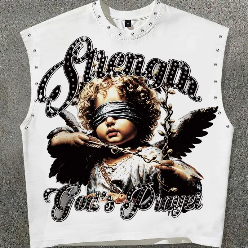 Y2K short vest unisex sleeveless T-shirt, angel printed vest, street fashion brand sleeveless T-shirt, loose vest, portrait vest for children, European and American street fashion brand casual vest, American retro Vintage, Loose Fit Sleeveless, Tank Vest