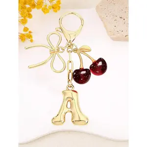 Women's Cherry Bow Letter Pendant Keychain, Cherry Design, Bow Accent, Casual Style Wallet, Handbag and Backpack Accessory, Car Keychain for Students