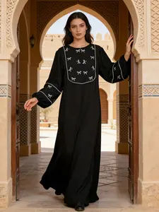 Women's Muslim Middle Eastern Embroidered Abaya Maxi Party Dress, Elegant Floral Pattern, Loose-Fit Woven Fabric, All Seasons Wear, Loose Abayas