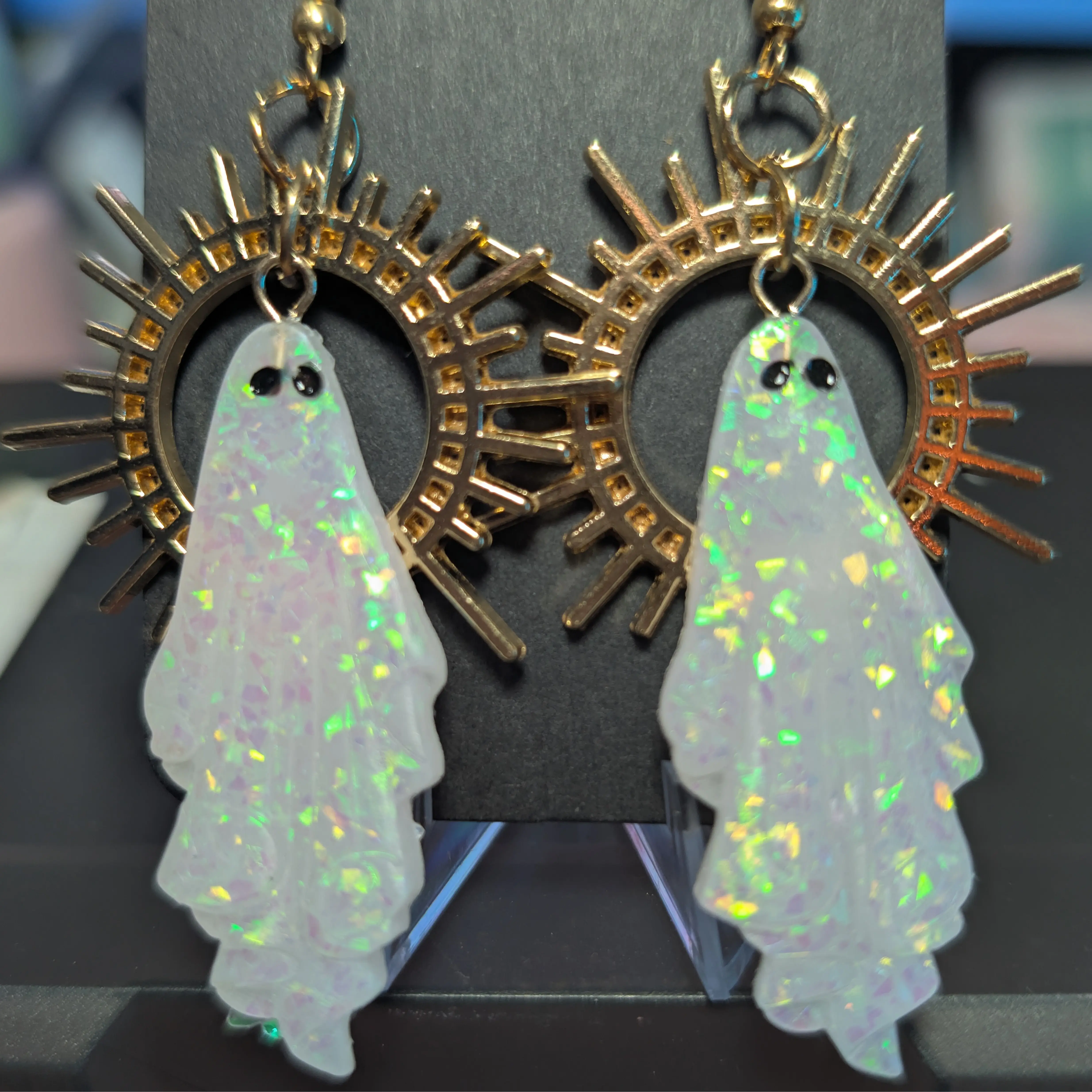 Holy Ghost Earrings – Iridescent Opal & Gold Halo Dangle Earrings