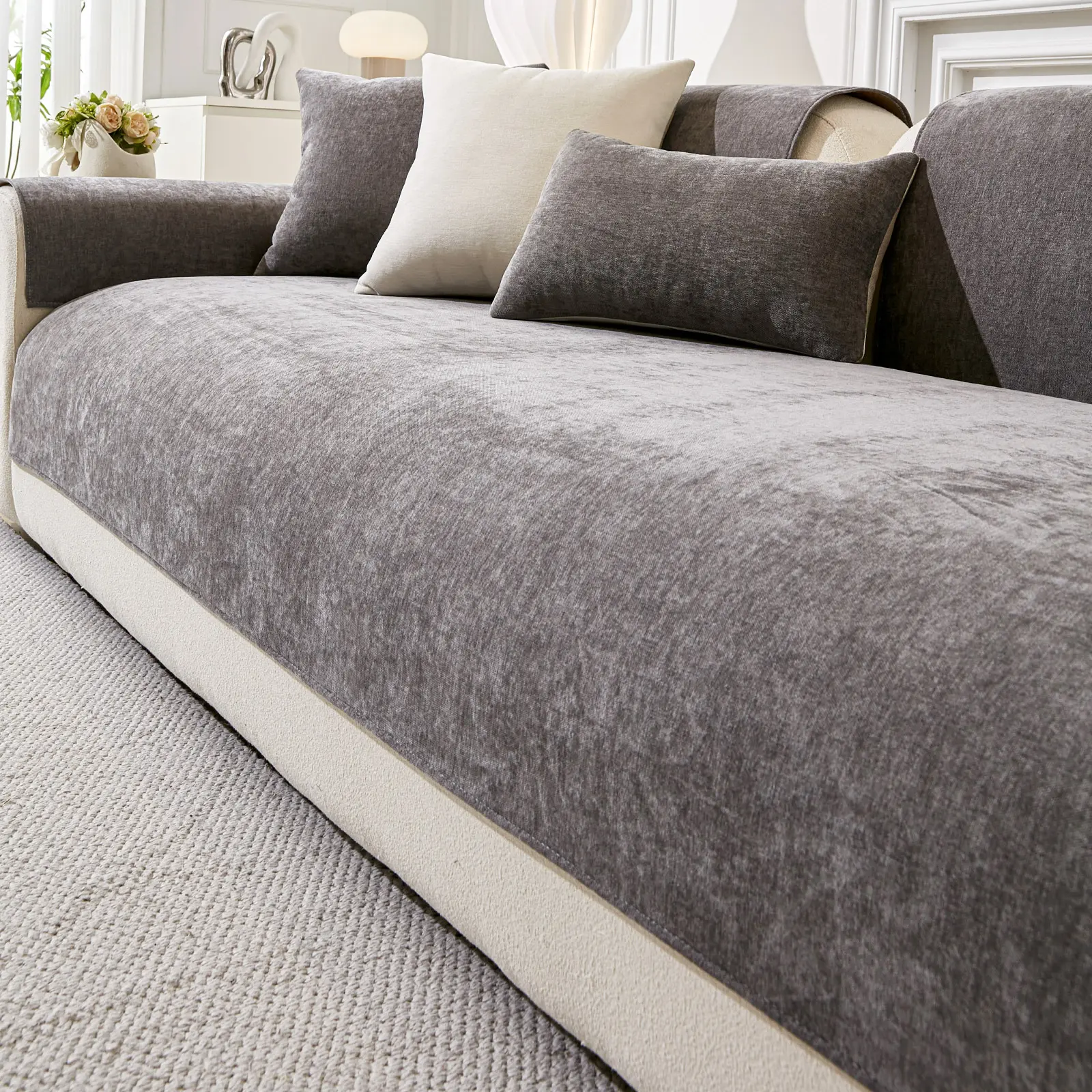 Solid Color New Style Linen Modern Minimalist Non-Slip Traditional Coarse Cloth Sofa Cushion Cover Full Set, All-Season Universal, Sofa Slipcover