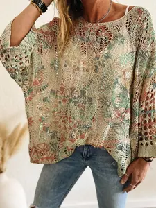 Women's Colorblock Gradient Print Long Sleeve Knit Top, Casual Elegance Commuter Wear, Spring Summer Fashion, Holiday Style