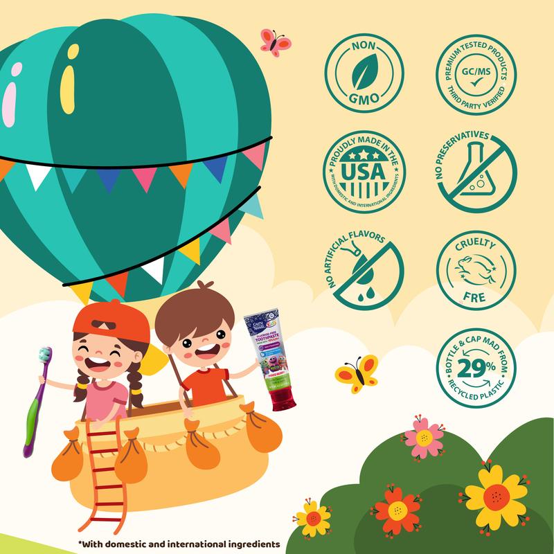 GuruNanda Kids Oral Care Regimen Kit - Toothpaste, Butter On Gums Toothbrush, Oil Pulling Mouthwash, Giraffe Floss Picks, Water Flosser & Tongue Scrapers