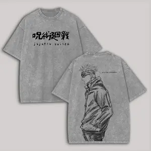 Menswear Jujutsu Kaisen Satoru Gojo Printed Distressed Washed Round Neck Shortsleeve Unisex T-Shirt - Casual, Festive, Figure-Flattering Fit, B4