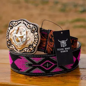 2 Inch Hand-Tooled Artesanal Beaded Leather Belt 2 Inch Hand-Tooled Artesanal Beaded Leather Belt