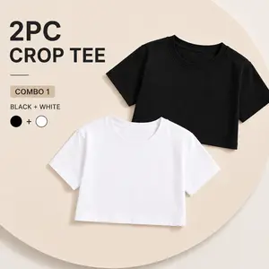 2PCS Women’s Cotton Crop Tees – Cute Baby Tee Set, Soft Y2K Summer Tops, Viral Casual Streetwear Outfit Pack oversized tshirt women