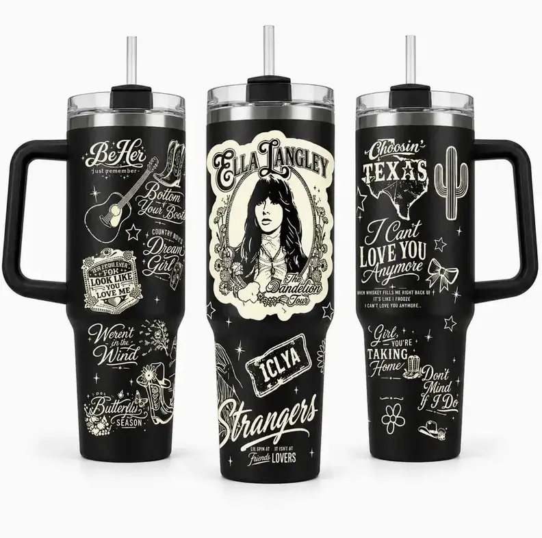 [Gift Box & Straw] 30oz, 40oz Ella Dandelion Tour Stainless Steel Tumbler with Handle, Country Music Song Quote Vacuum Insulated Travel Mug, Western Concert Coffee Cup, Gift for Ella Dandelion Fans