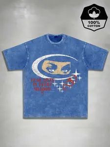 100% Cotton Men's T-Shirt, Vintage Washed Star Moon Print, Casual Fitted Long Sleeve, High Street Fashion Streetwear, All Seasons Wear Menswear