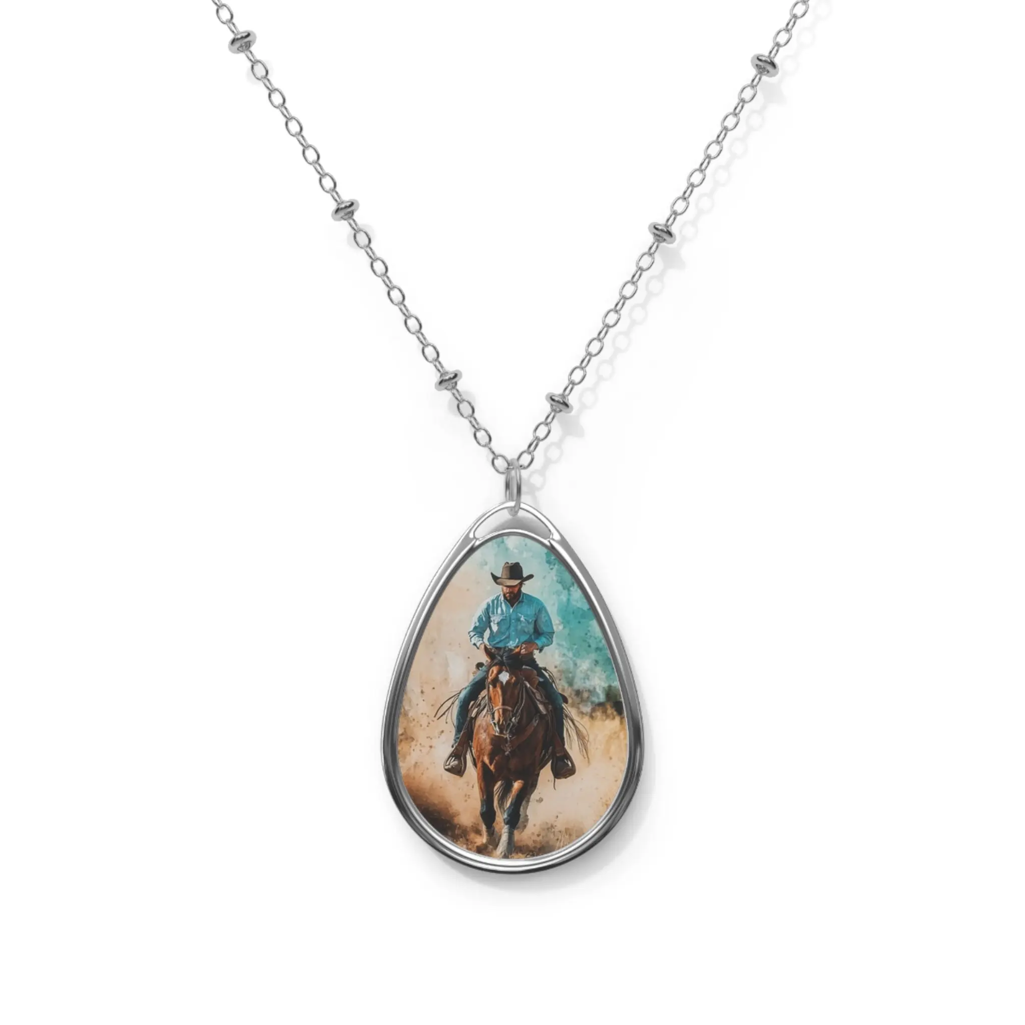 Western Cowboy Oval Necklace — Teardrop Horse Rider Pendant