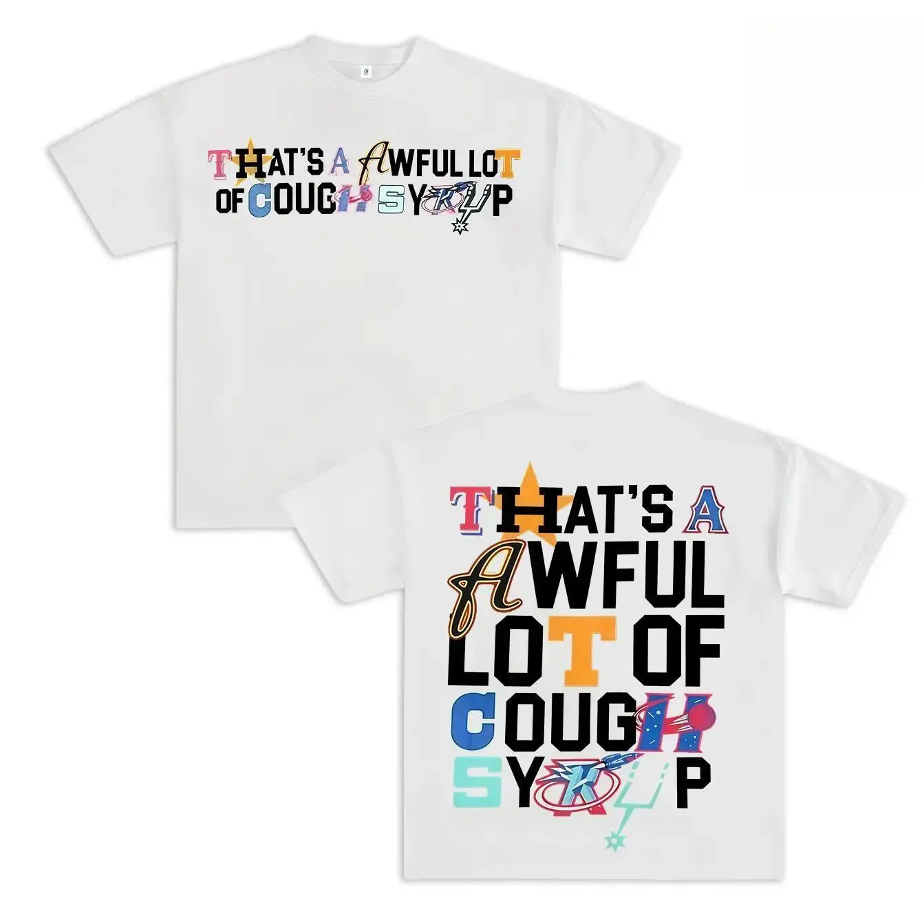 Bold Letter Mosaic Graphic Tee – Oversized Black T-Shirt with 'That’s a Awful Lot of Cough Syrup’ Patchwork Typography and Playful Icon Motifs, Unisex Streetwear Statement Tee for Fashion naruto anime oversize streetwear tee classic menswear dad joke appa