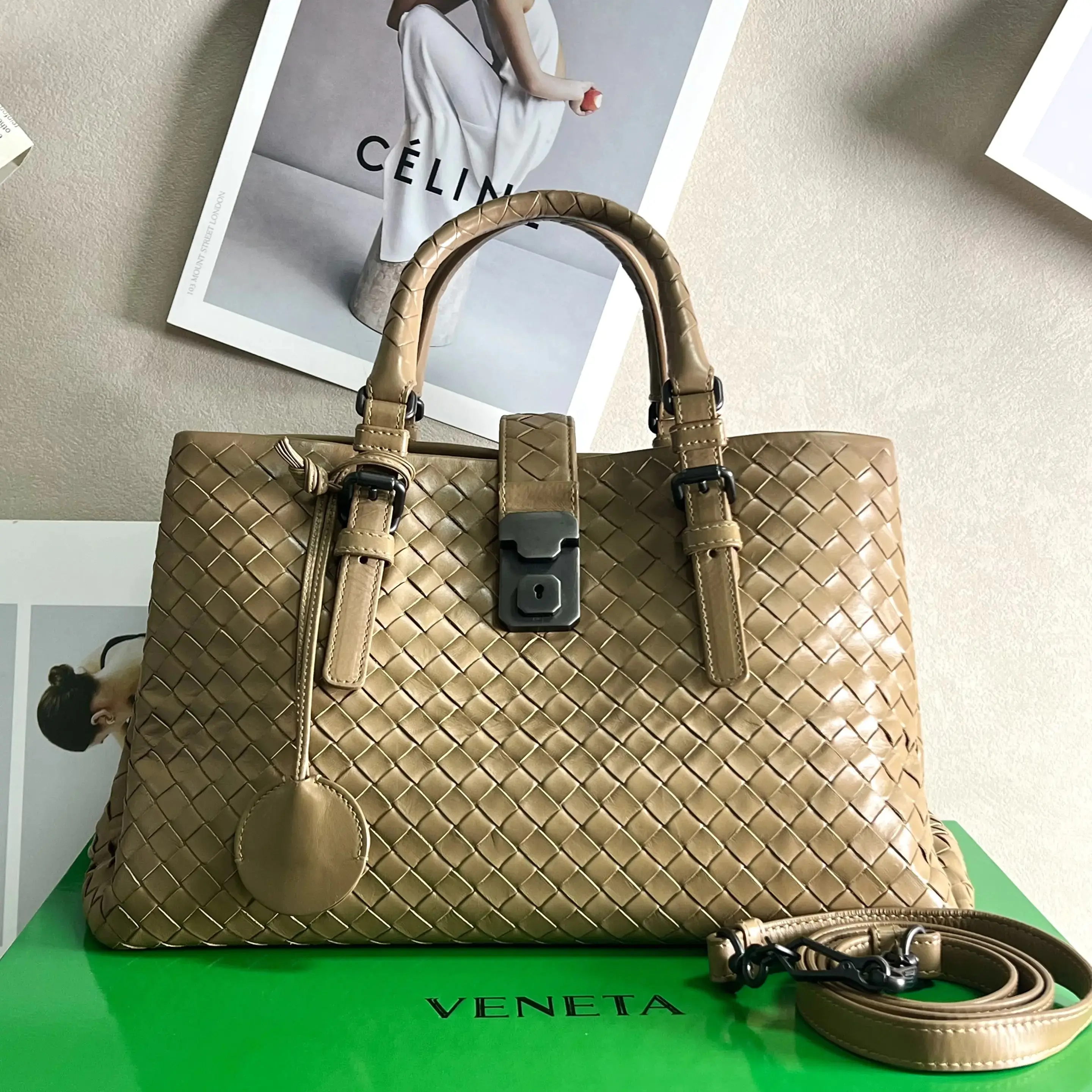Pre-owned BOTTEGA VENETA ROMA Roma Bag Light Brown Woven Cowhide Small Size 0715 dina/C8359803107