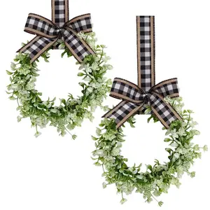 Spring Summer Plaid Bow Wreath Set of 2 Mini Camellia Wreaths, Home Decor Door Hanger Window Display Farmhouse Tree Top Wedding Party Wall Decoration