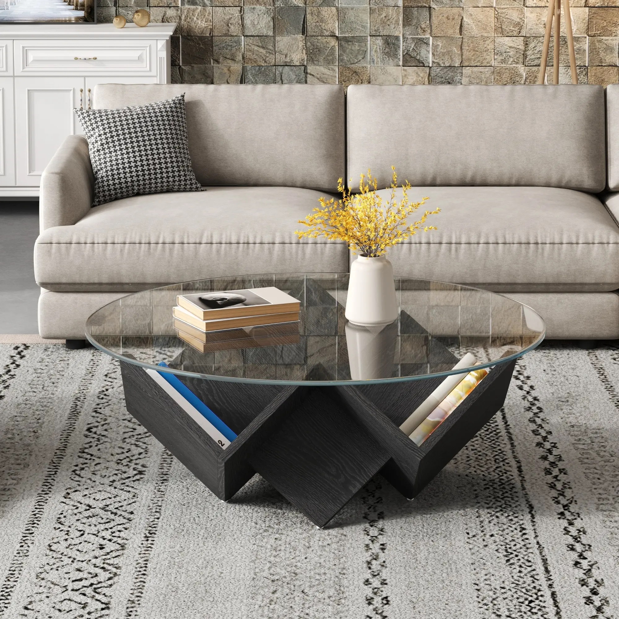 Round Coffee Table with Geometric Art Deco Base and Glass Top, Black, 35.4" Diameter, Modern Center Table with Storage Shelves for Living Room, Bedroom, Office, Easy Assembly