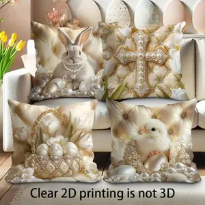 Easter Egg Bunny Flower Floral Pillow Covers Set, 4pcs 45x45cm, Clear 2d printing is not 3d, Hidden Zipper, Indoor Outdoor Decor, No Filler Included