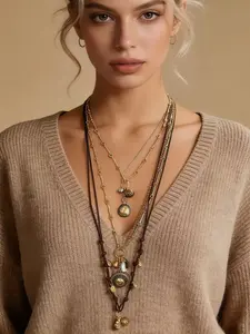 Boho Vintage Braided Coin Pendant Necklace, Layered V-Neck Chain, Silver Color Mix, Elegant Collar Chain Set