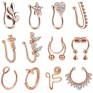 OIDEA Faux Septum Nose Ring Set 16G 20G Stainless Steel Alloy Cubic Zirconia Rhinestone Diamond Heart Star Horseshoe Non-Piercing 12PCS