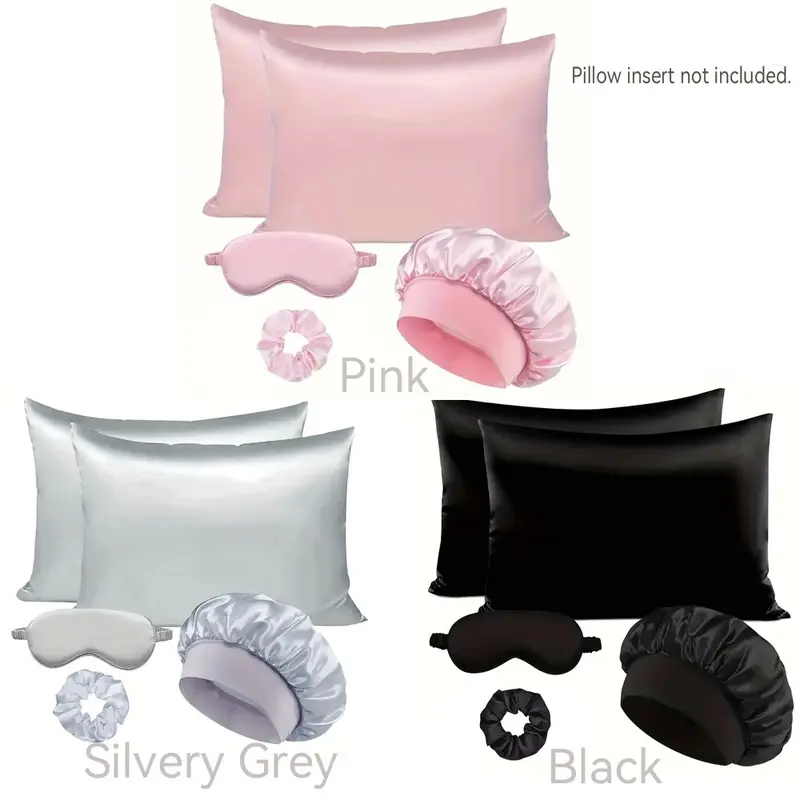Satin Soft Sleep Set, Including 2pcs Silky Pillowcases, 1pc Breathable Hair Bonnet, 1pc Adjustable Weighted Sleep Eye Mask and 1pc Hair Scrunchie, Simple and Comfortable Bedding Sleep Aid Set, Sleeping Eye Mask