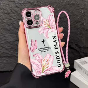 Bibical Cross and Lily Pattern Phone Case , Electroplated Cover with Airbag Shockproof Slim Soft TPU Cover for iPhone X 11 12 13 14 15 16 17 Pro Max Plus Air Christian Cross
