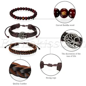 3pcs Mens Womens Ethnic Leather Hemp Cords Wood Beads Wristbands Wrap Bracelets