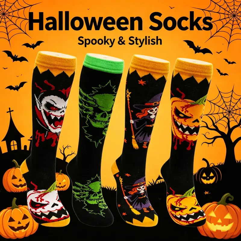4pcs Halloween Compression Socks Women Men, Knee High Spooky Pumpkin Skull Witch Vampire Socks, 20-30mmHg Circulation Support Stockings, Plus Size Wide Calf Athletic Athletic Running Socks for Nurses Medical Travel Party Costume