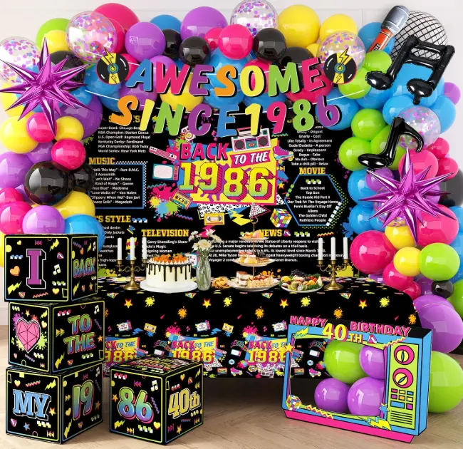 Waterproof 40th Birthday Decorations Set for Men - 1986 Themed Party Supplies with Backdrop, Tablecloth, Banner, Balloons, Photo Booth Props, Water Proof