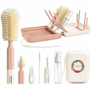8-in-1 Baby Bottle Brush Set with Drying Rack, Portable Travel Bottle Cleaning Kit, Silicone Cleaner for Newborn Essentials, Nipple & Straw Brush, Soap Dispenser