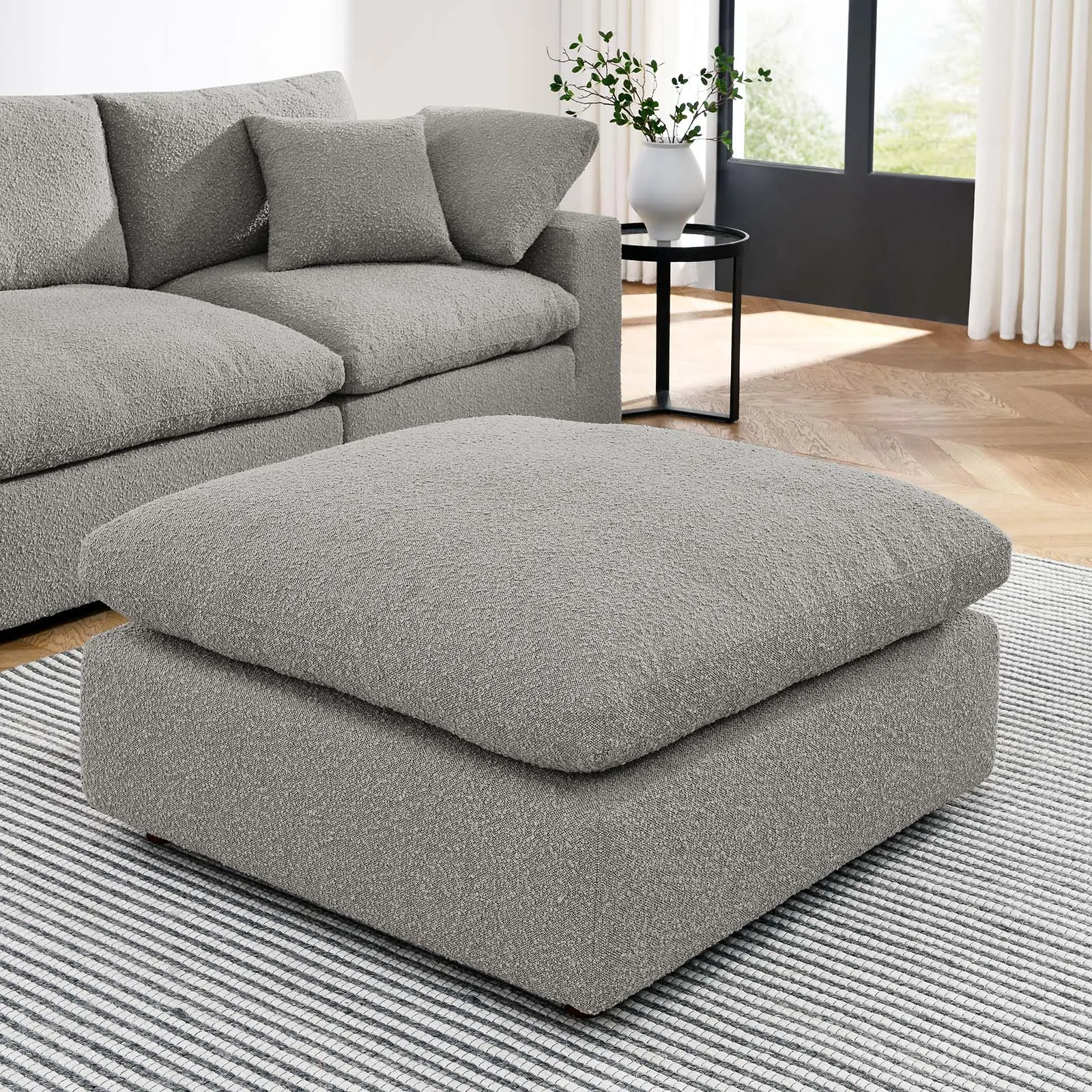 Modway Commix Overstuffed Boucle Fabric Ottoman - Light Gray, Modern Clean-Lined Design, Nubby Texture, Luxurious Sink-In Feel, Duck Down Feather Cushions, Foam Padded, Ideal for Game Room