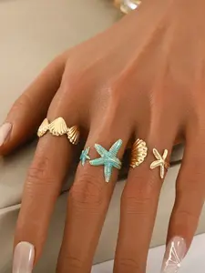 Ocean Blue Starfish & Shell Open Ring Set for Women, Adjustable Beach Rings, Shell Wave Ring, Boho Stackable Jewelry, Stacking Ring Set