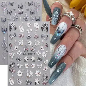 2 Pcs Dark Butterfly Embossed Nail Stickers, Nail Art Sheet, Plant Flower Print, Gradient Design, Women's Nail Art, 3D Matte Finish, DIY Party Decorations