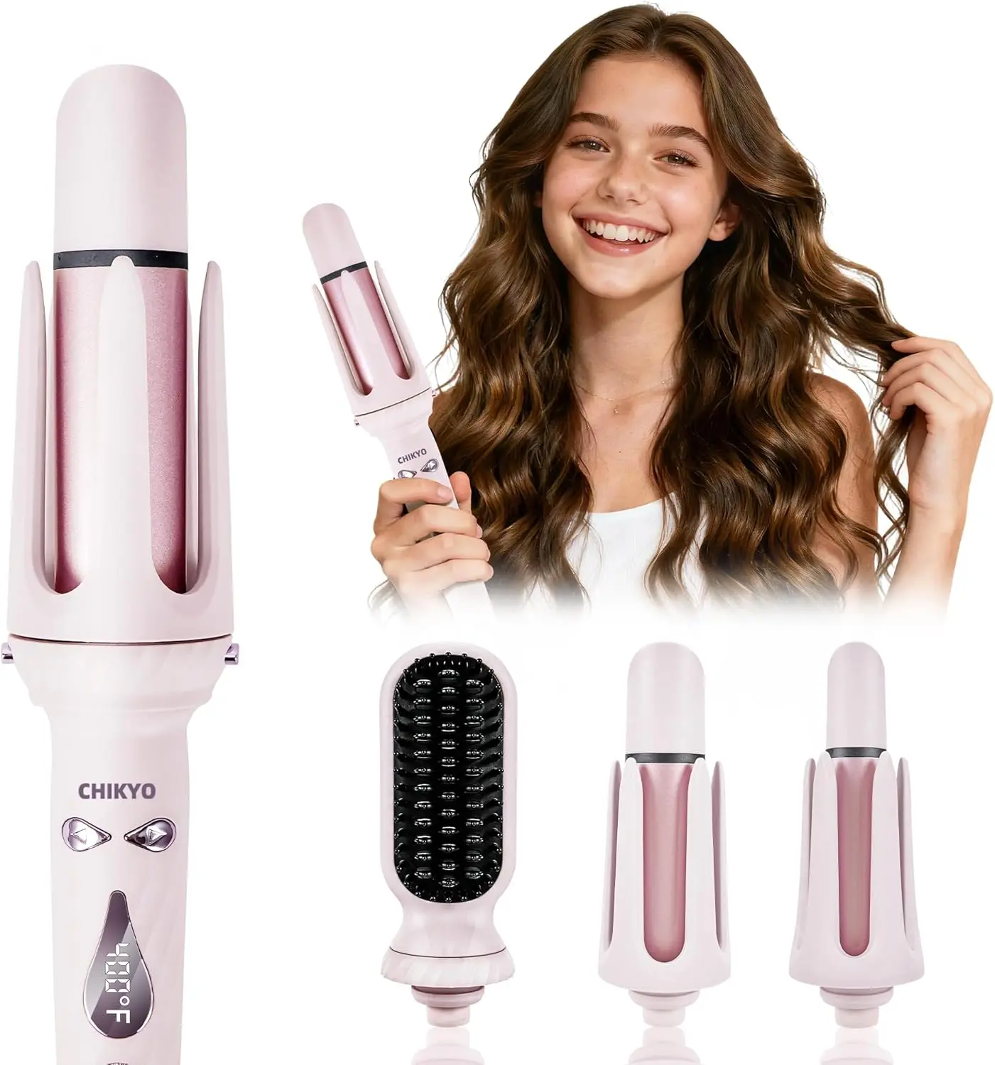CHIKYO 3 in 1 Multifunctional Hot Tool, Automatic Curling Irons with 2 Ceramic Barrel(1", 1.25") & Hair Straightener Brush, Hair Curler & Straightening Comb, Colored Pink