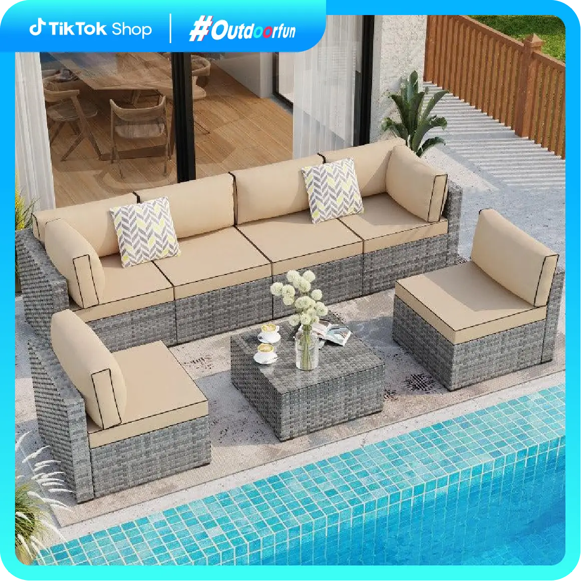 Walsunny Patio Furniture Set 7 Pieces Outdoor Rattan Chair Wicker Sofa Garden Conversation Bistro Sets for Yard, Pool or Backyard, Silver Gray