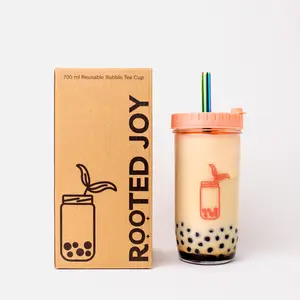 Reusable Bubble Tea Cup Tumbler Bottle Glass Drinkware Stainless Straw Plastic Lid