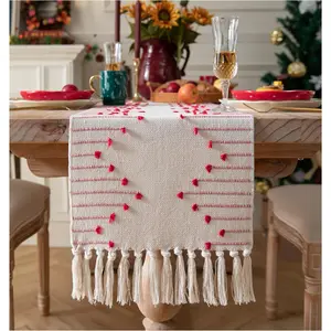 Christmas Table Runner 13 x 72 Inch Long Natural Cotton Woven Runner with Tassels for Home Dining Christmas Decorations, for Farmhouse Holiday Boho Red Table Runner