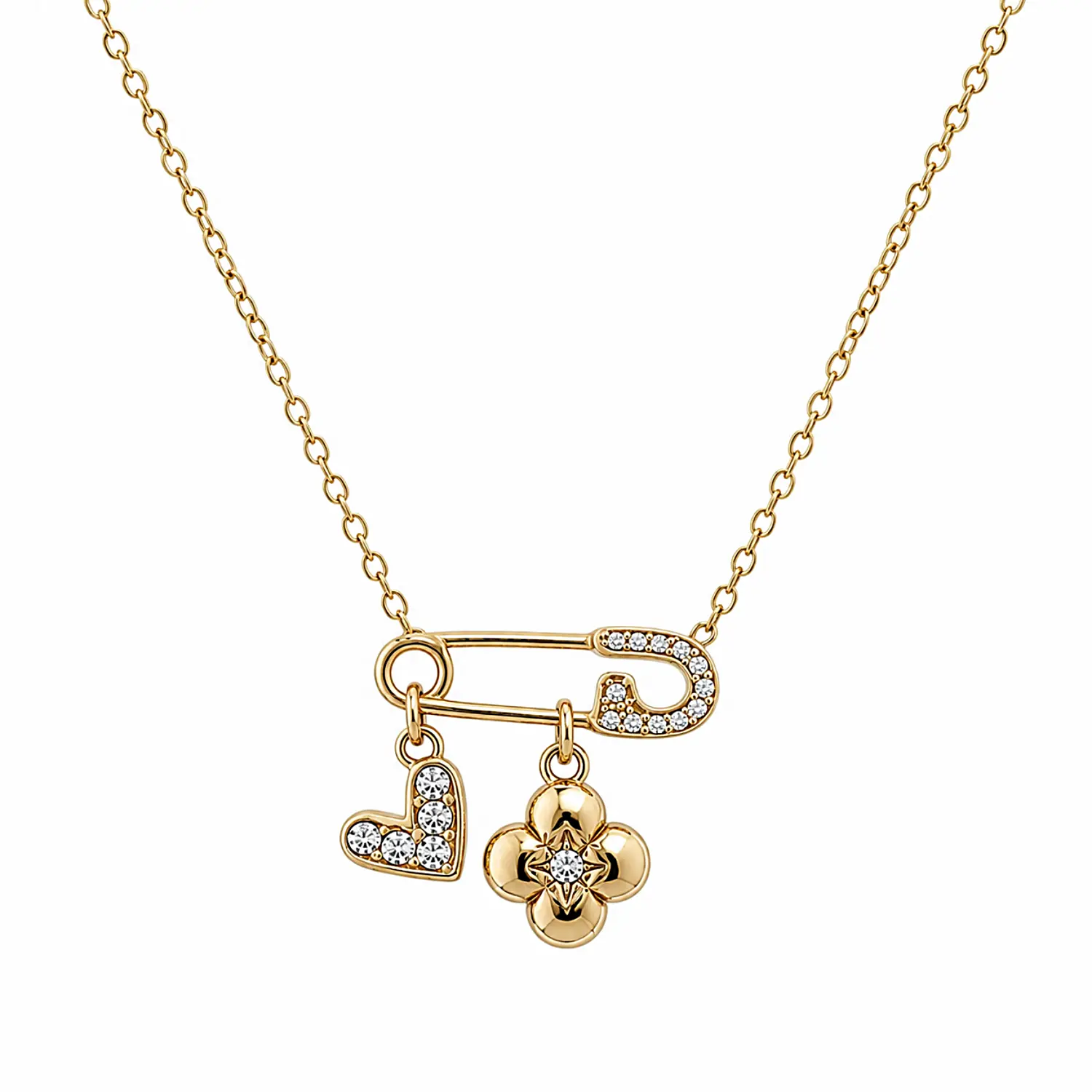 Gold Tone Stainless Steel Safety Pin Necklace with Heart & Flower Charms, 16–18 Inch Adjustable Chain