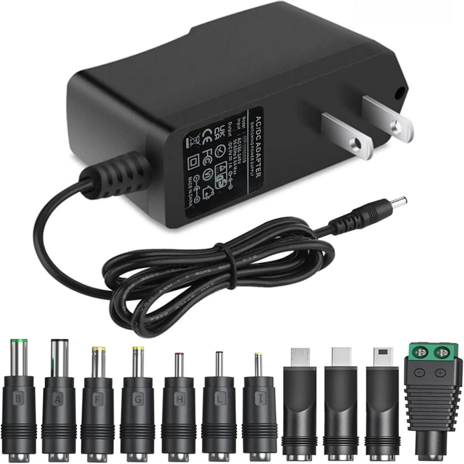 5V 1A AC Adapter - DC5V Power Supply Cord with 11 Plug Tips, 6FT Cable for Baby Monitor, Graco Swing, Raspberry Pi, USB Type-C Devices, Switches, Mini Fan, Bluetooth Speakers, Security/CCTV Cameras (Compatible with 500mA/400mA/200mA/100mA), Security Camer