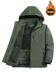Men's Winter Zipper Pocket Casual Fleece Lined Warm Jacket Hooded Coat Comfortable Outerwear Trendy