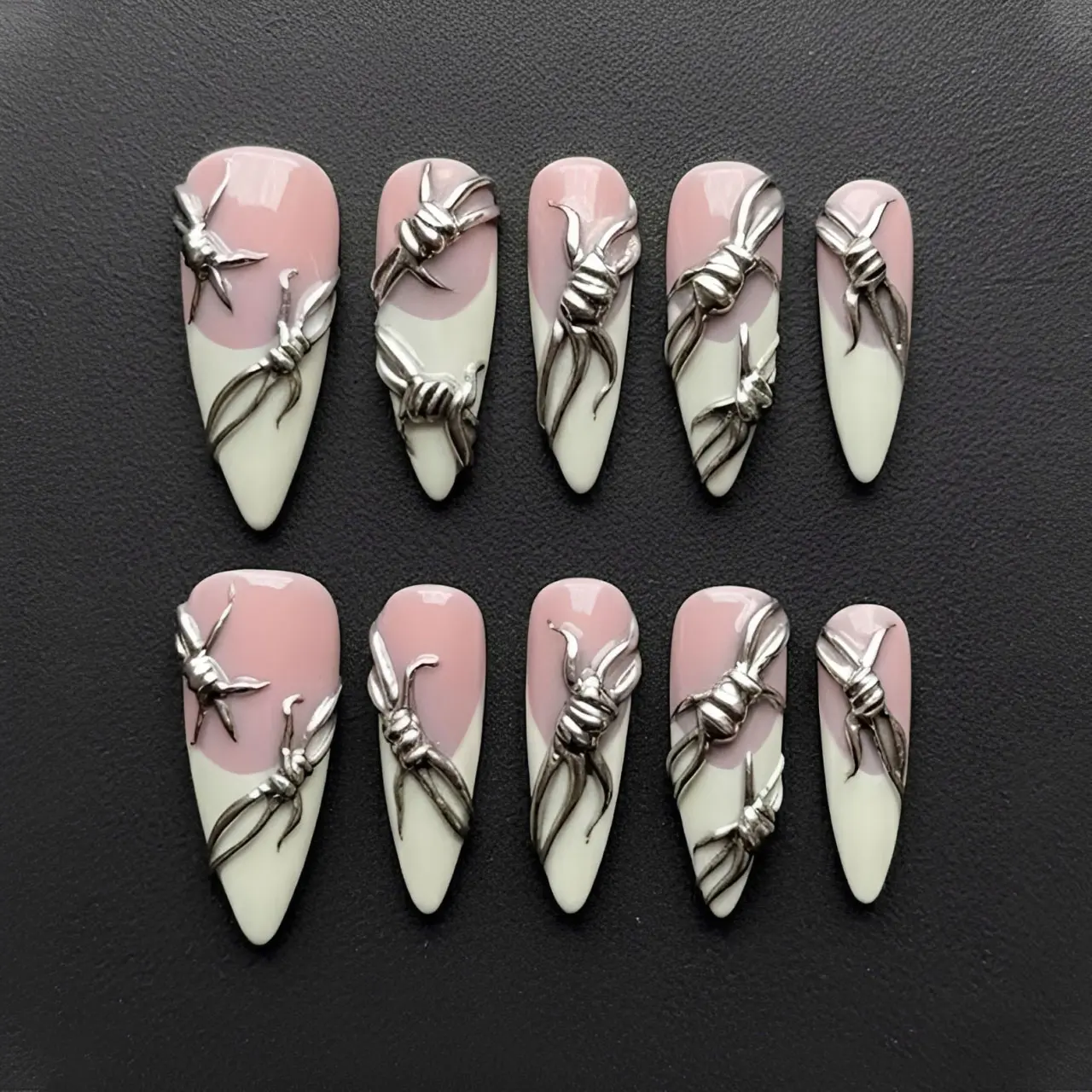 Edgy Barbed Wire Press On Nails, 3D Silver Chrome Metal French Tip Nails, Handmade Pink Nude Stiletto Goth Glam Nail Set