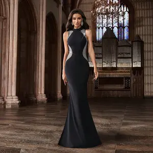 Black Rhinestone Mermaid Evening Gown - High Neck Sleeveless Formal Dress for Prom Wedding Guest