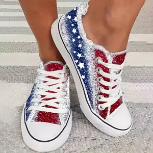 Women's Star Pattern Canvas Shoes, Casual Lace Up Outdoor Shoes, Lightweight Independence Day Shoes