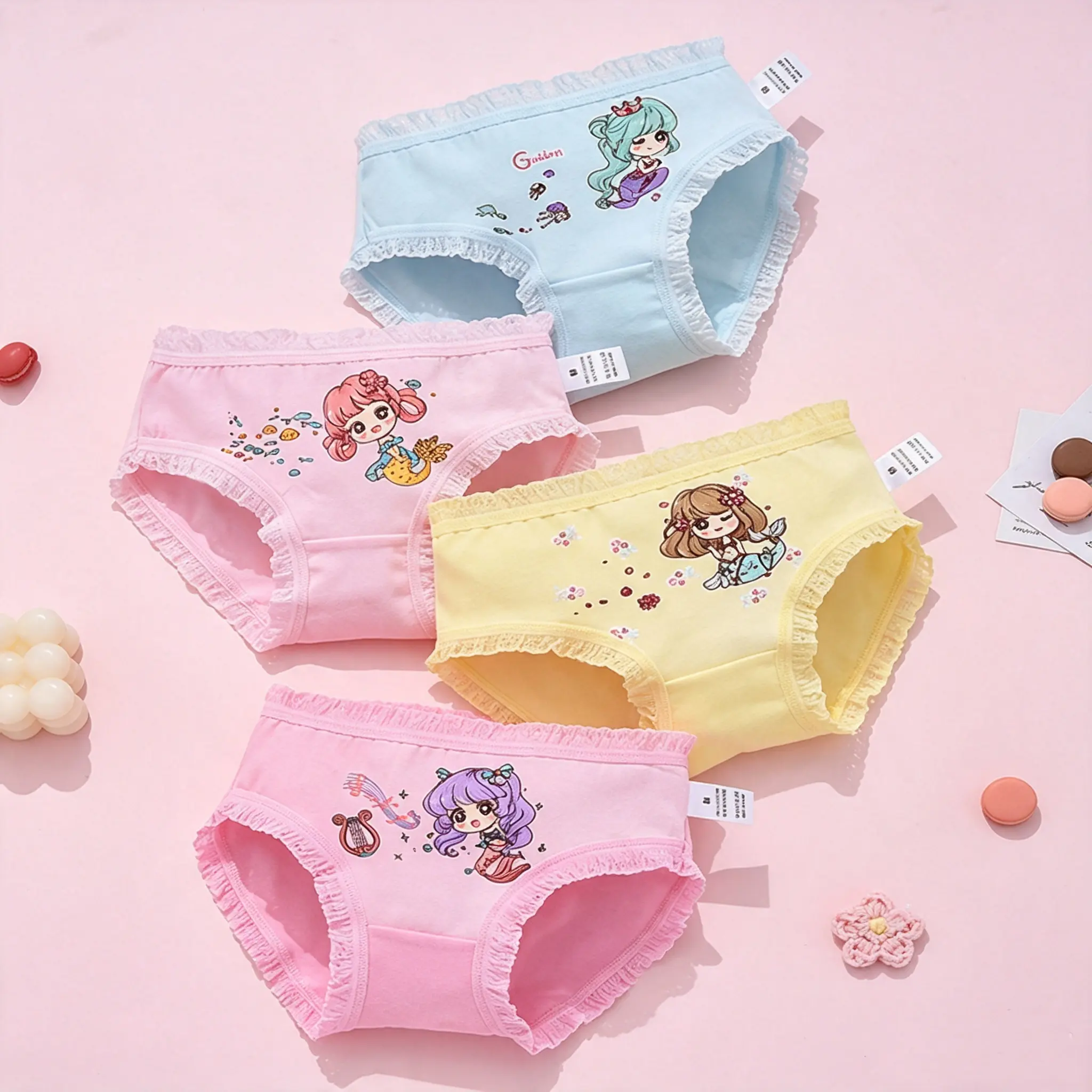 Cute Mermaid Print Girls Cotton Underwear 4 Pack, 95% Cotton Lace Trim Kids Panties Breathable Soft Briefs for Little Girls