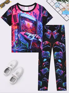 Round Neck Short Sleeve Long Pants Sleepwear 2 Piece Set, Cartoon Print Soft Comfortable Home Wear, All Seasons Fitted H Type