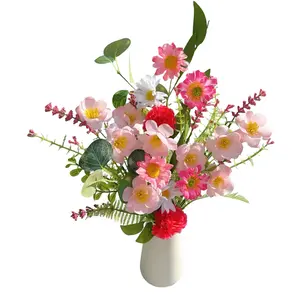 4pcs Artificial Peach Blossom & Carnation Bouquet with Ceramic Vase, Spring Floral Arrangement for Valentine‘s Day Gifts, Romantic Dining Table Centerpiece, Home Decor, Wedding & Spring Summer Decoration