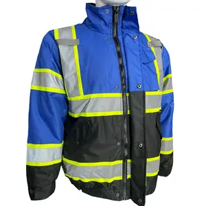 Royal Blue with black bottom Hi Visibility Reflective Safety Bomber Rain Jacket / Blue Safety Jacket with Sherpa Insulation to keep warm in cold weather  (see sizing information on description)