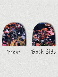 Unisex Abstract Print Beanie Hat, Unique Casual Street Style, Slim-Fitting, Geometric Pattern, All Seasons, Hip-Hop Culture