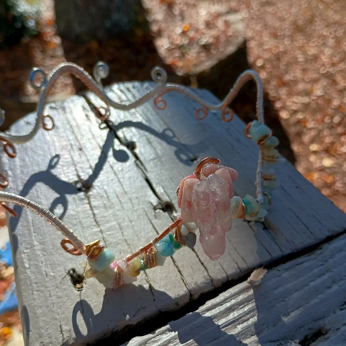Handmade princess tiara. Recycled copper, and aluminum wire, 10k gold filled wire and raw, natural, locally mined gemstones.