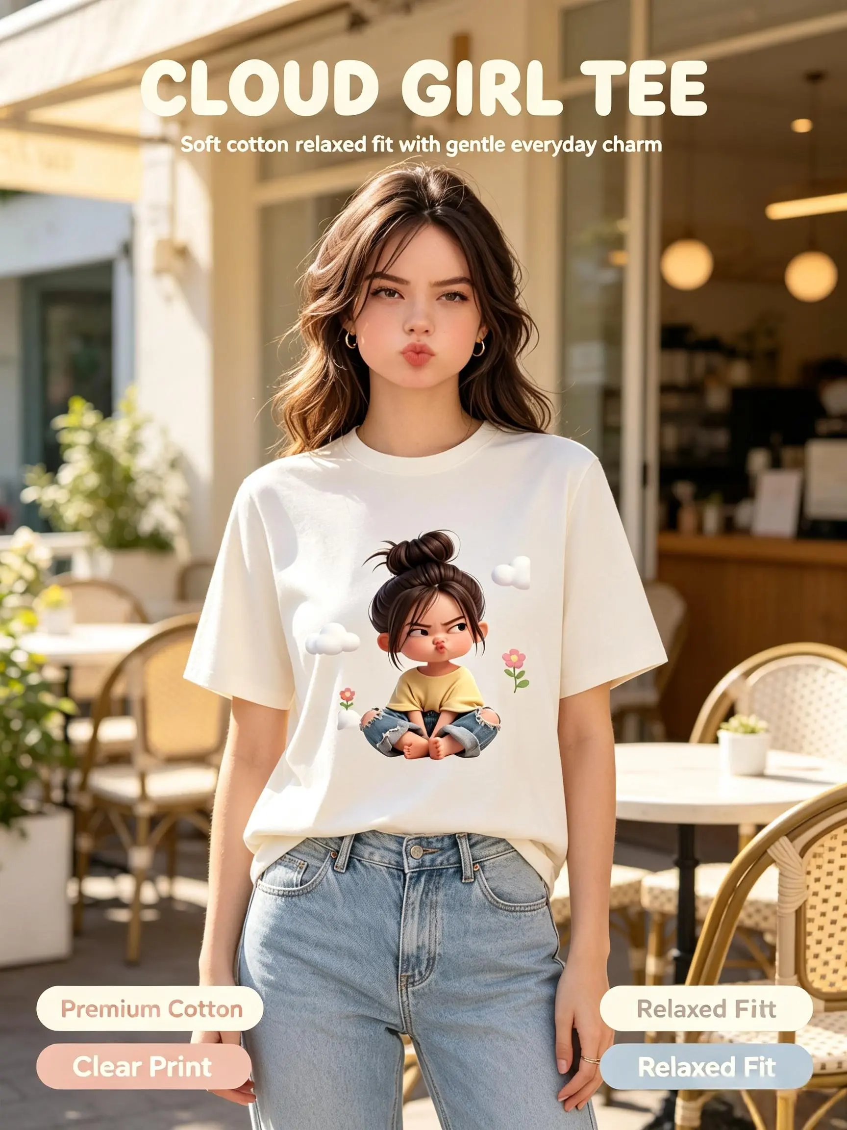 Women's Sassy Cartoon Girl & Clouds Graphic T-Shirt - Shortleeve Crewneck, Fitted, Elastic, Comfortable, Cute Pink Aesthetic, Premium Cotton, Beach Casual Tee, Spring Glow Up Vibes, Summerwins, Shortsleeve, Fabric, Women's Tops, Cute Shirts, Anniversary,,